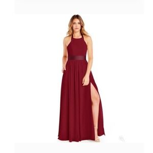 Azazie "aurora" Burgundy Halter Neck Chiffon Maxi Formal bridesmaid Dress sz A12